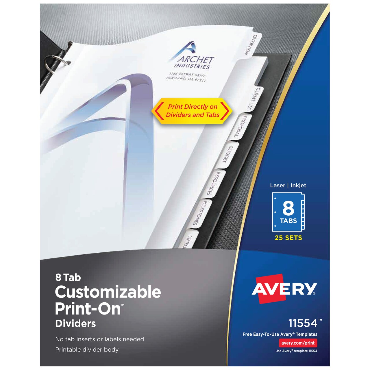 Avery Customizable Print-On Dividers, 8 Tabs, White, 25 Sets (11554)